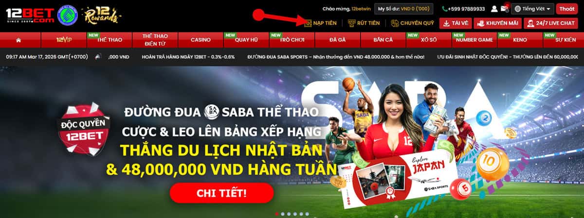 Bước 1: Đăng nhập tài khoản 12BET