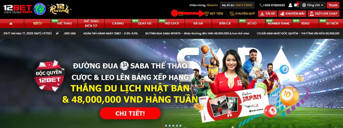Bước 1: Đăng nhập vào tài khoản 12BET