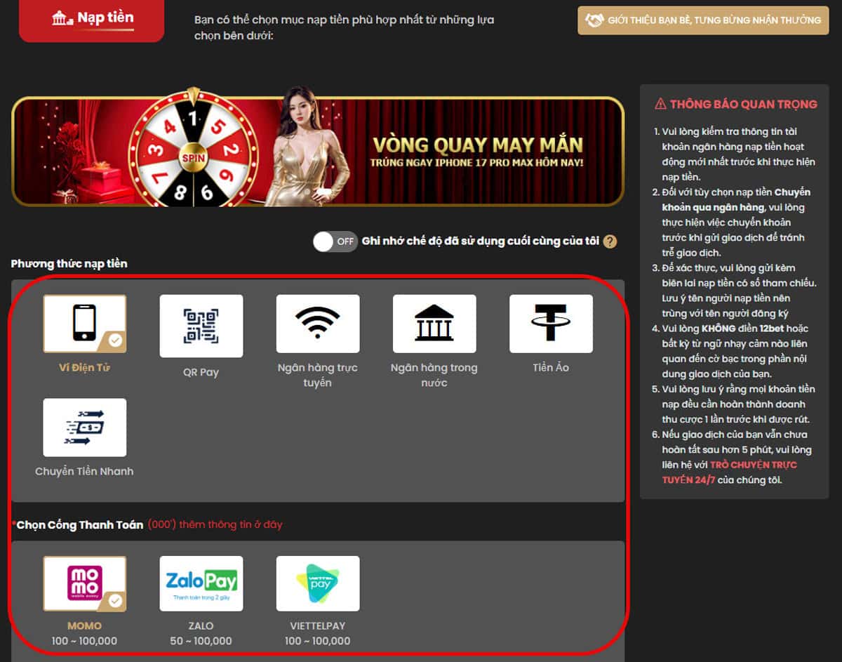 Bước 2: Chọn phương thức gửi tiền