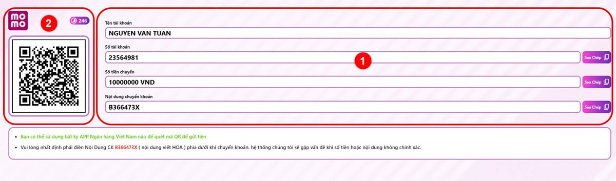 Bước 4: Chuyển tiền vào tài khoản 12BET