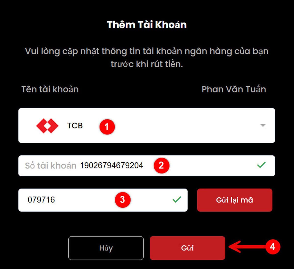 Nhập thông tin ngân hàng nhận tiền